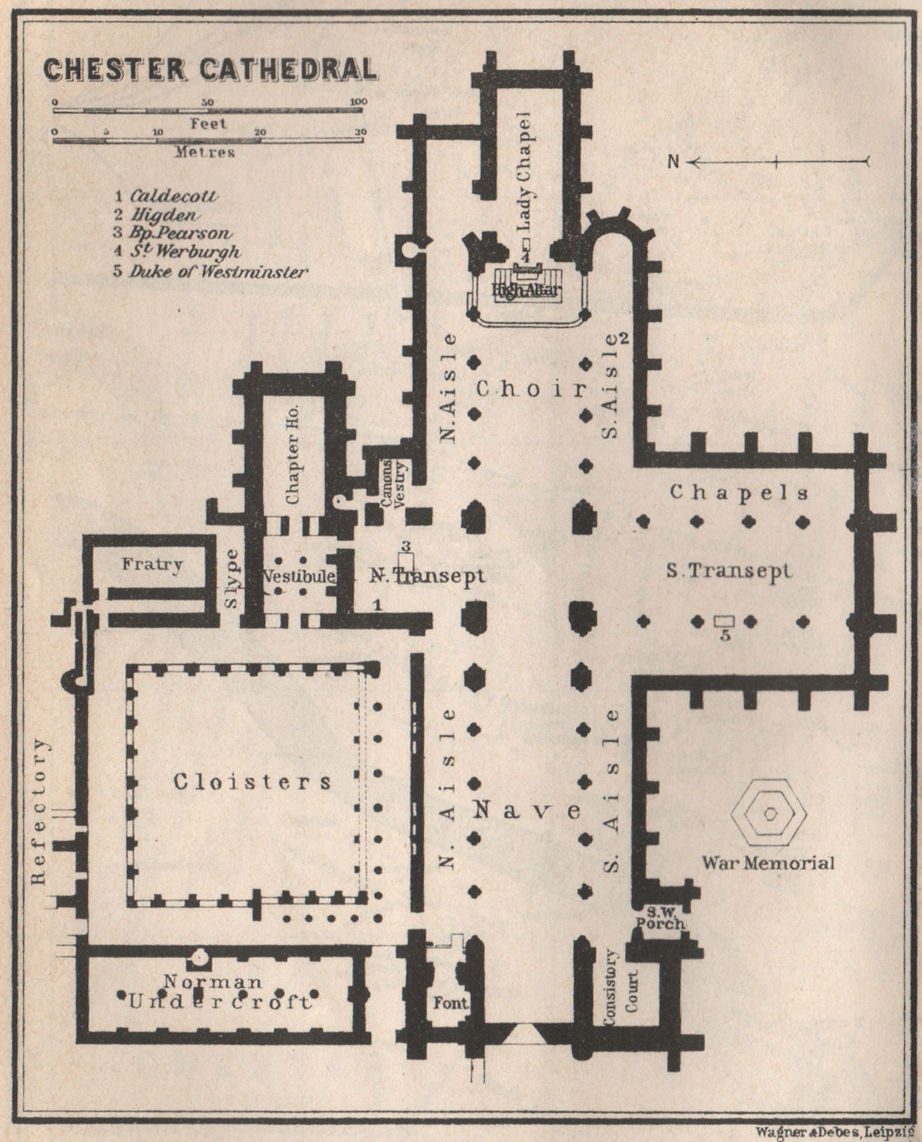 CHESTER CATHEDRAL floor plan. Cheshire. BAEDEKER 1927 old vintage map chart